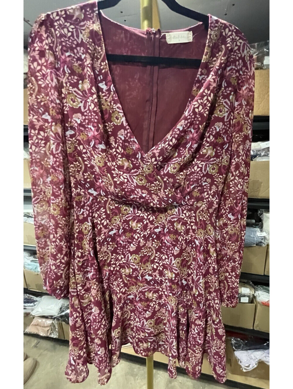 Altar'd State Burgundy Floral Mini Dress V-Neck Long Sheer Sleeve Zip Back S